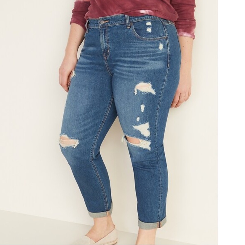 OLD NAVY Mid Rise Distressed Boyfriend Straight Jeans Medium Wash Ripped Rips 14